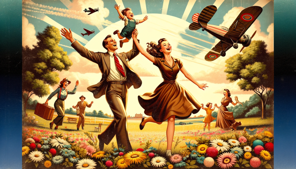 style vintage/rétro, représentant une famille joyeuse dans un champ fleuri par une journée ensoleillée